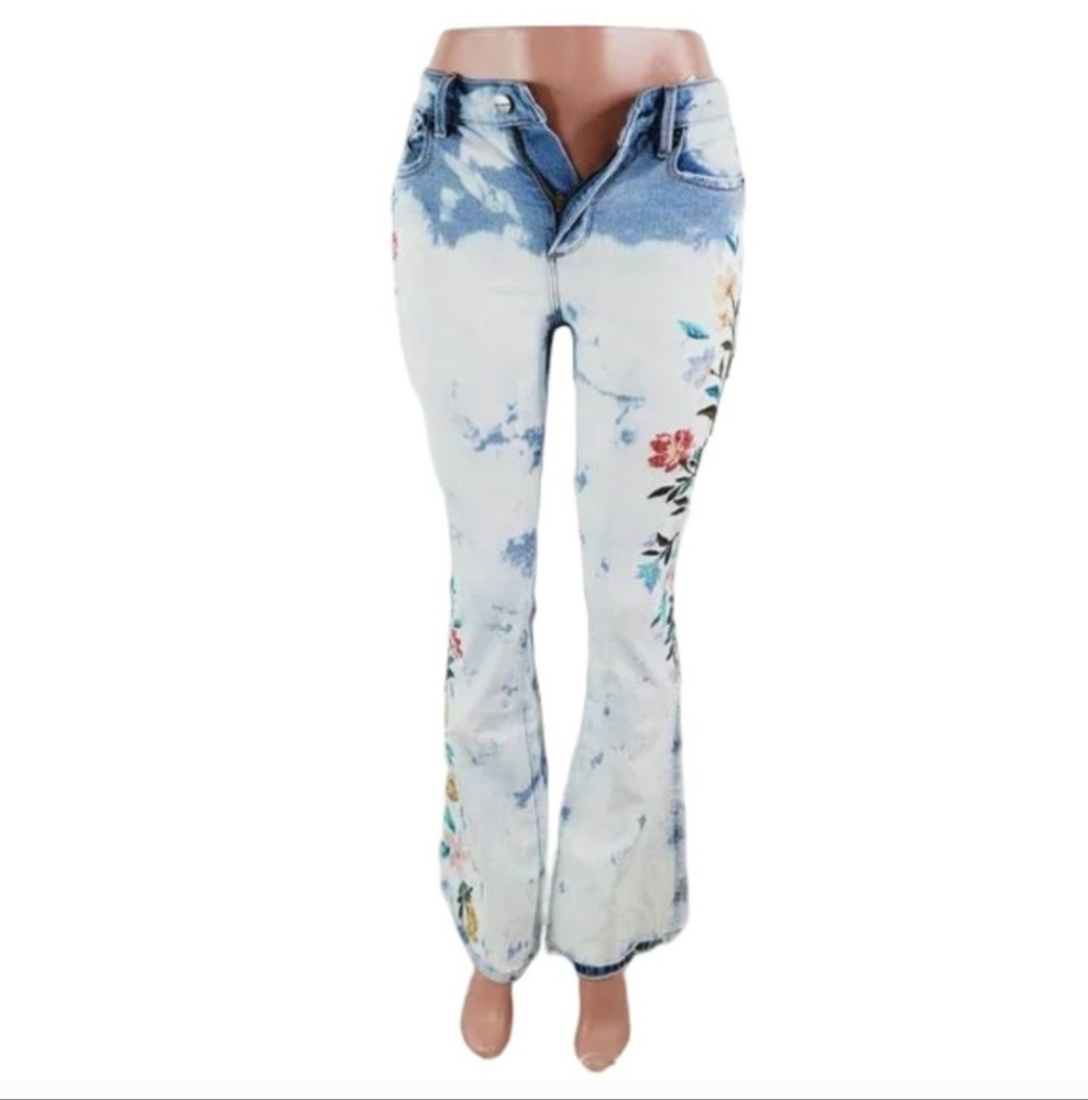 DRIFTWOOD X Free People Blue and Yellow Flare Jeans with Floral Design Size 25.
